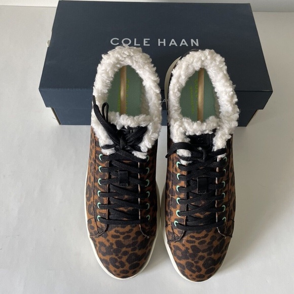 NEW Cole Haan Women's Grandpro Tennis Sneaker LEOPARD FAUX FUR SHOES Lace Up - Picture 2 of 5